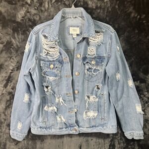 Forever 21 Women's Distressed Denim Light Wash Jean Jacket Size Medium